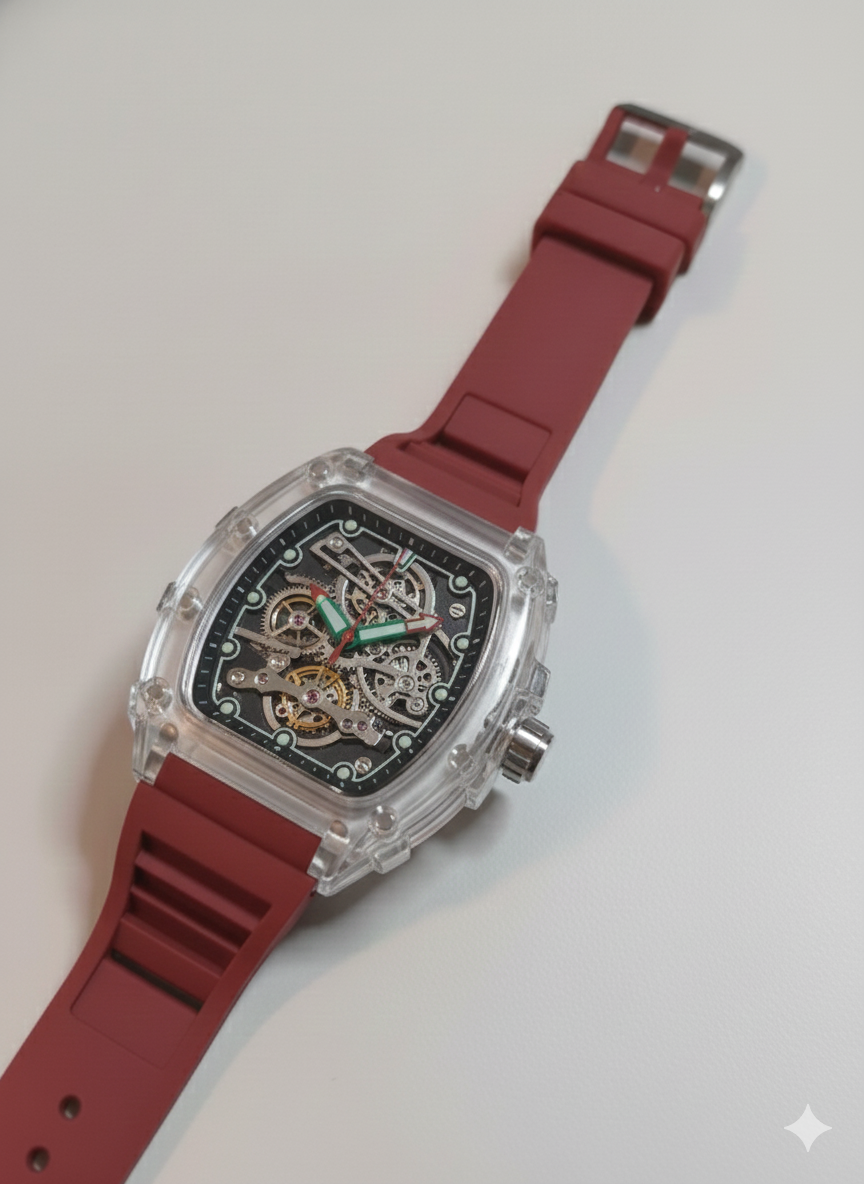 1766154735546 Frank Muller Transparent Dial Latest Article Watch with Rubber Strap(Plastic Case) - red - Image 1