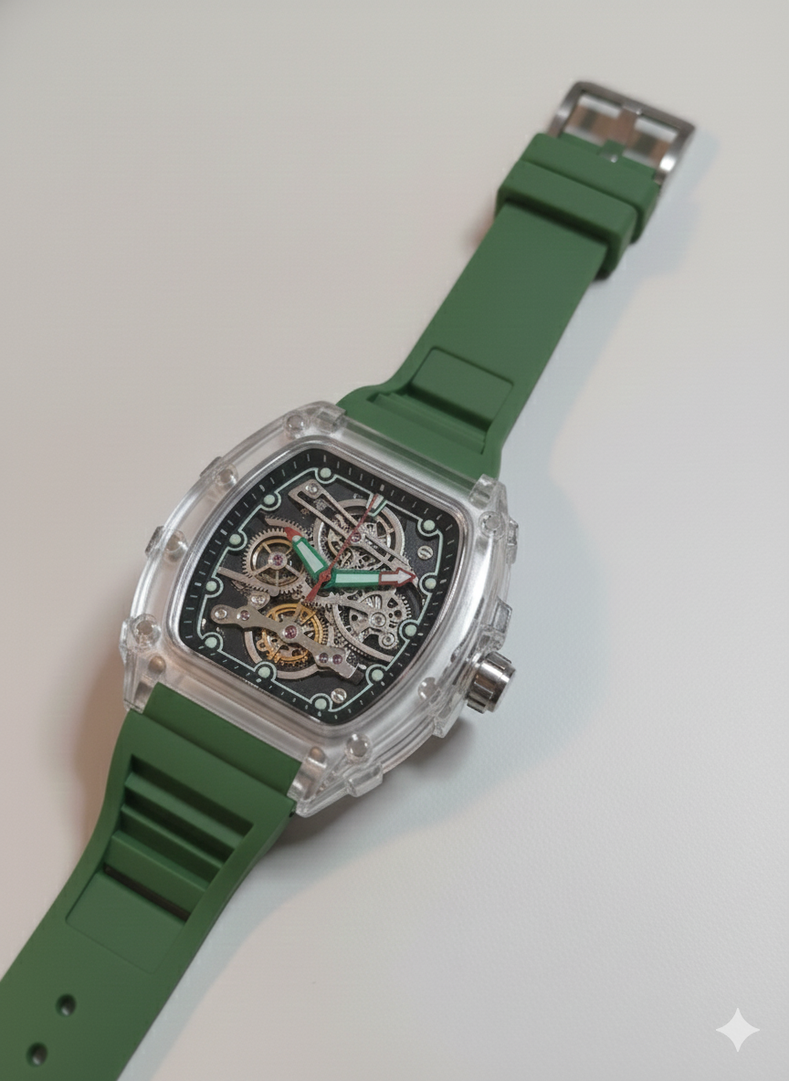 1766154971286 Frank Muller Transparent Dial Latest Article Watch with Rubber Strap(Plastic Case) - green - Image 1
