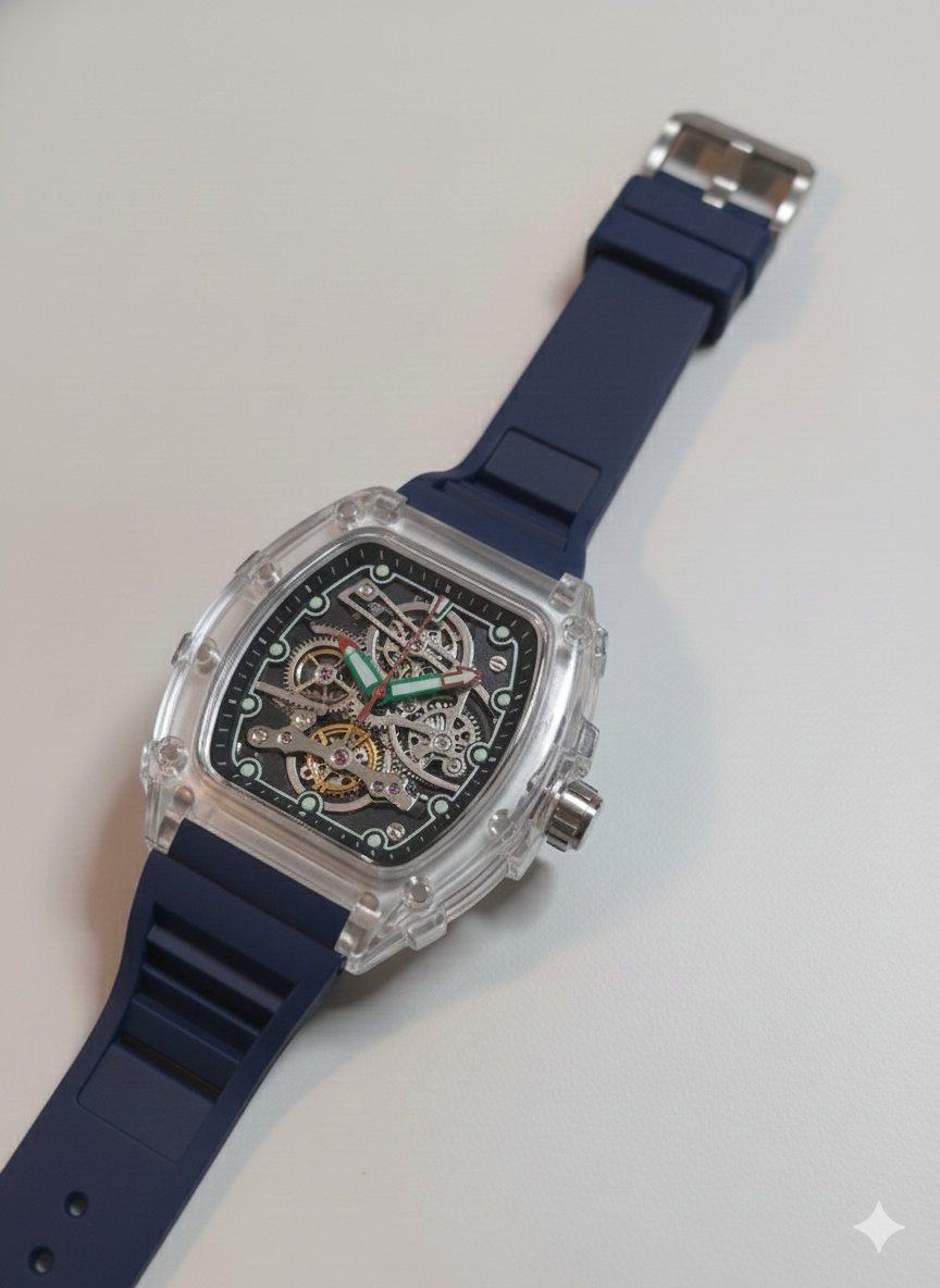1766155038165 Frank Muller Transparent Dial Latest Article Watch with Rubber Strap(Plastic Case) - blue - Image 1