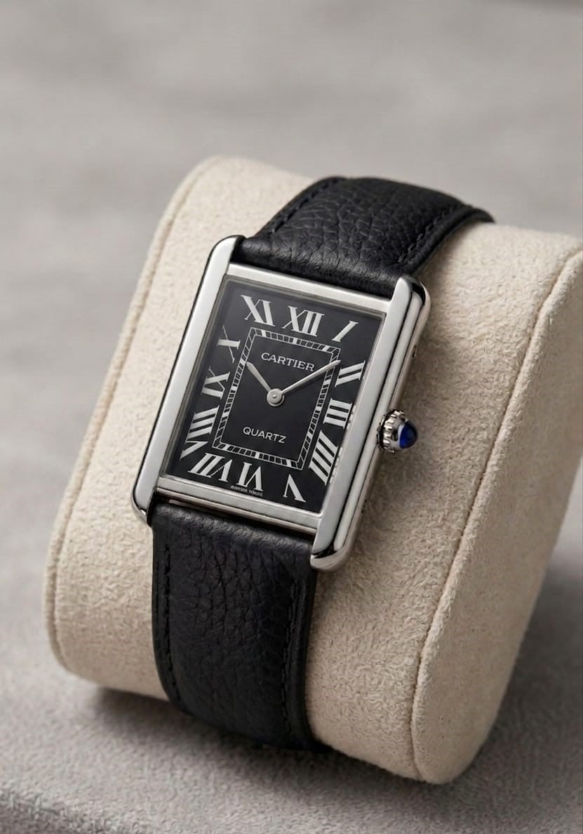 Cartier Tank OLD MONEY in Leather Strap - black-silver-black-dial - Image 1
