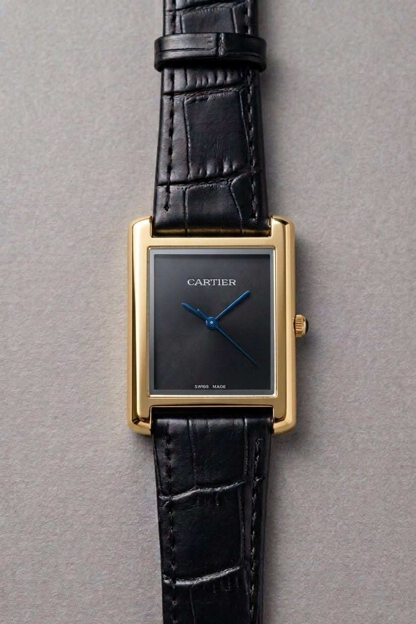 WhatsApp_Image_2026-04-18_at_9.13.11_PM_1 Cartier TANK Watch in Plain Dial Leather Strap - black-silver-3 - Image 1
