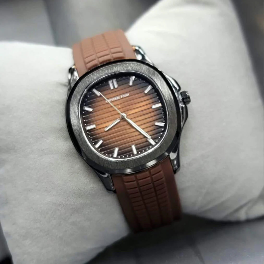 Ruber Strap Square Dial Watch for Men Boys (Without Date) - dark-brown-golden - Image 1