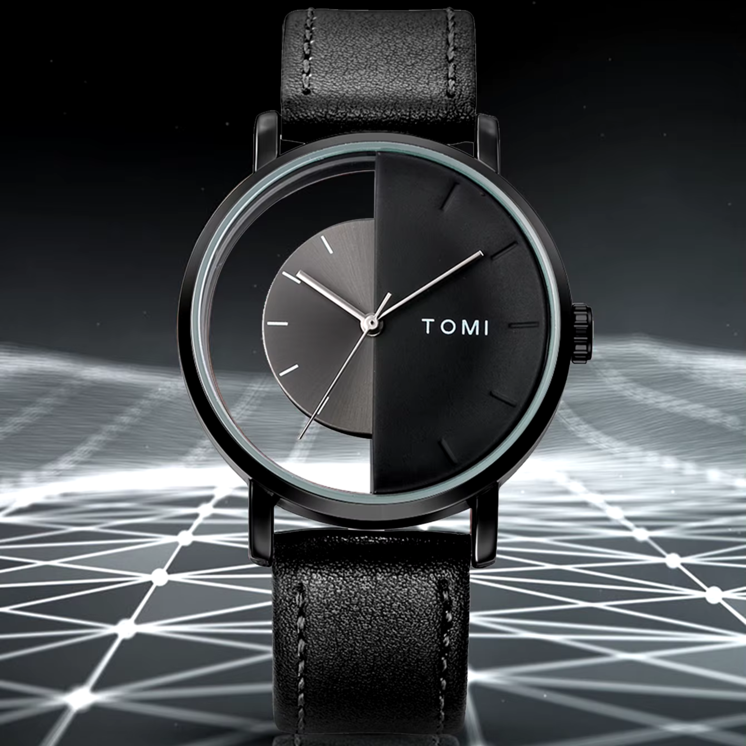 T.O.M.I Half Dial Watch Leather Strap Casual Fashion for Men - black - Image 1