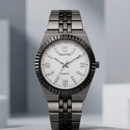 Aquatime Quartz   “ Fluted Bezel Two-Tone Watch with Honeycomb Dial - black-silver-1
