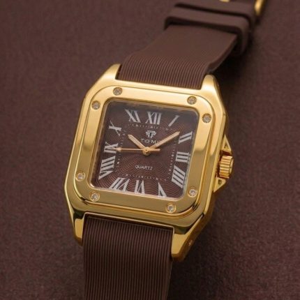 The Legacy Square   “ Silver Roman Numeral Watch with Ribbed Silicon Strap - brown-golden