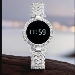 Round Digital Diamond Touch LED Watch for Women Girls - Gold